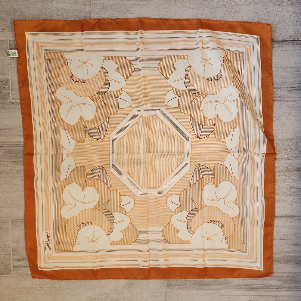Vintage 80s Alain Coeur Paris Scarf Cream Orange Floral Pastel Artsy Made Japan